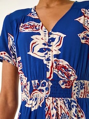 Roman Blue Leaf Print Shirred Maxi Dress - Image 5 of 5