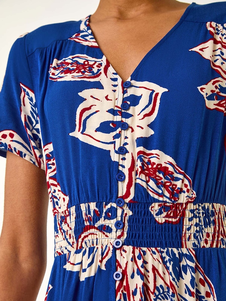 Roman Blue Leaf Print Shirred Maxi Dress - Image 5 of 5