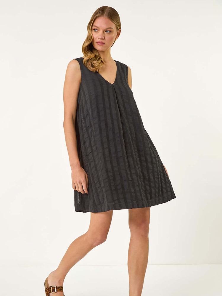 Roman Black Textured Short A-Line 100% Cotton Dress - Image 1 of 5