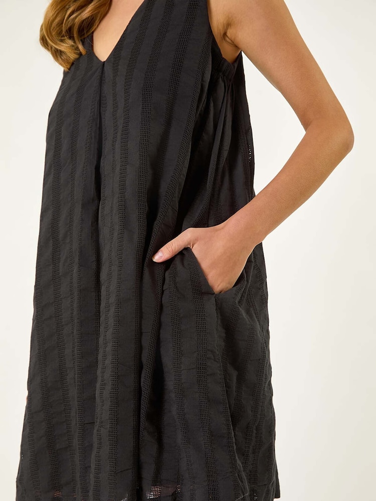 Roman Black Textured Short A-Line 100% Cotton Dress - Image 5 of 5