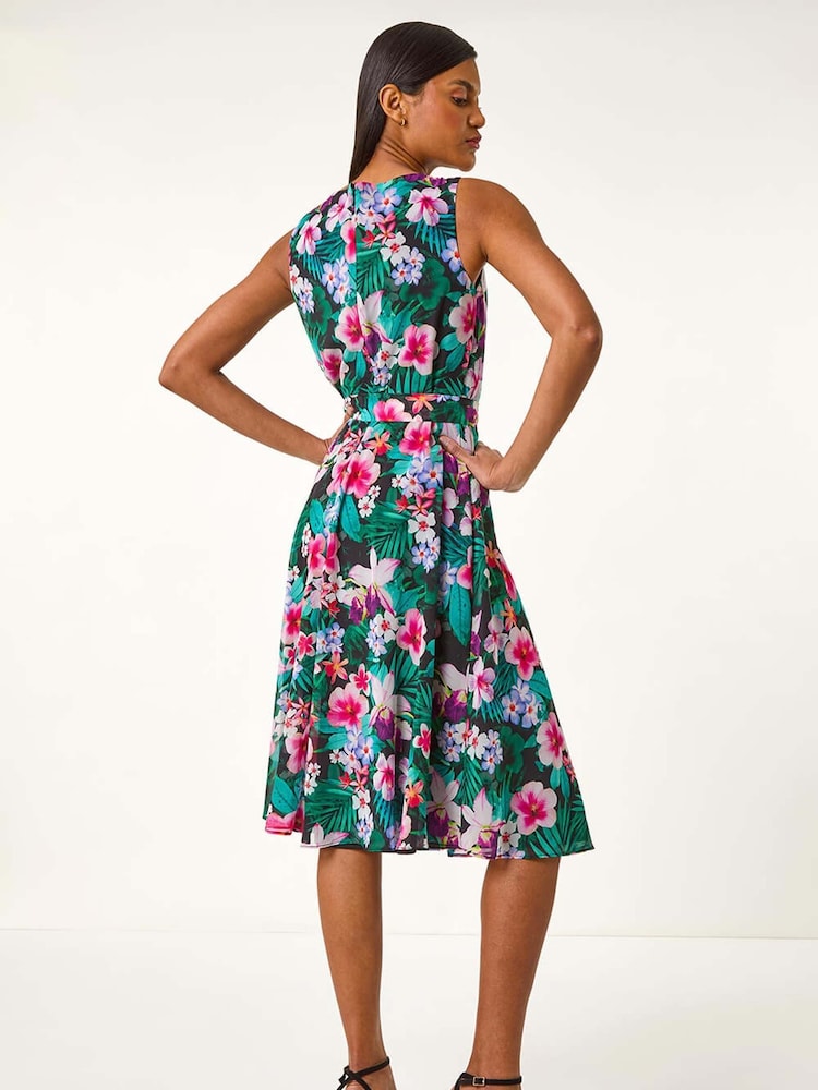 Roman Black Floral Print Chiffon Cowl Neck Dress - Image 2 of 5