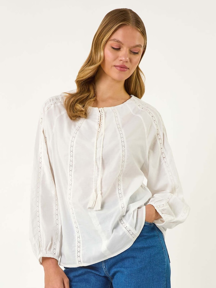 Roman White Lace Trim Tie V-Neck 100% Cotton Top - Image 1 of 5