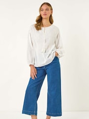 Roman White Lace Trim Tie V-Neck 100% Cotton Top - Image 2 of 5