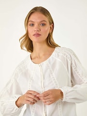 Roman White Lace Trim Tie V-Neck 100% Cotton Top - Image 4 of 5