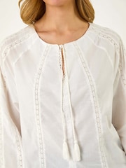 Roman White Lace Trim Tie V-Neck 100% Cotton Top - Image 5 of 5