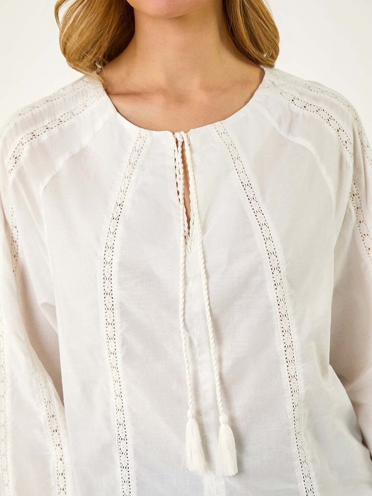 Roman White Lace Trim Tie V-Neck 100% Cotton Top - Image 5 of 5