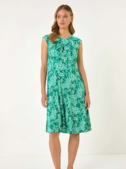 Roman Blue Ditsy Floral Print Keyhole Twist Dress - Image 4 of 5