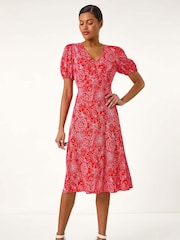 Roman Red Floral Print Midi Tea Dress - Image 1 of 5