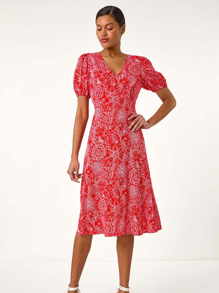Roman Red Floral Print Midi Tea Dress - Image 1 of 5