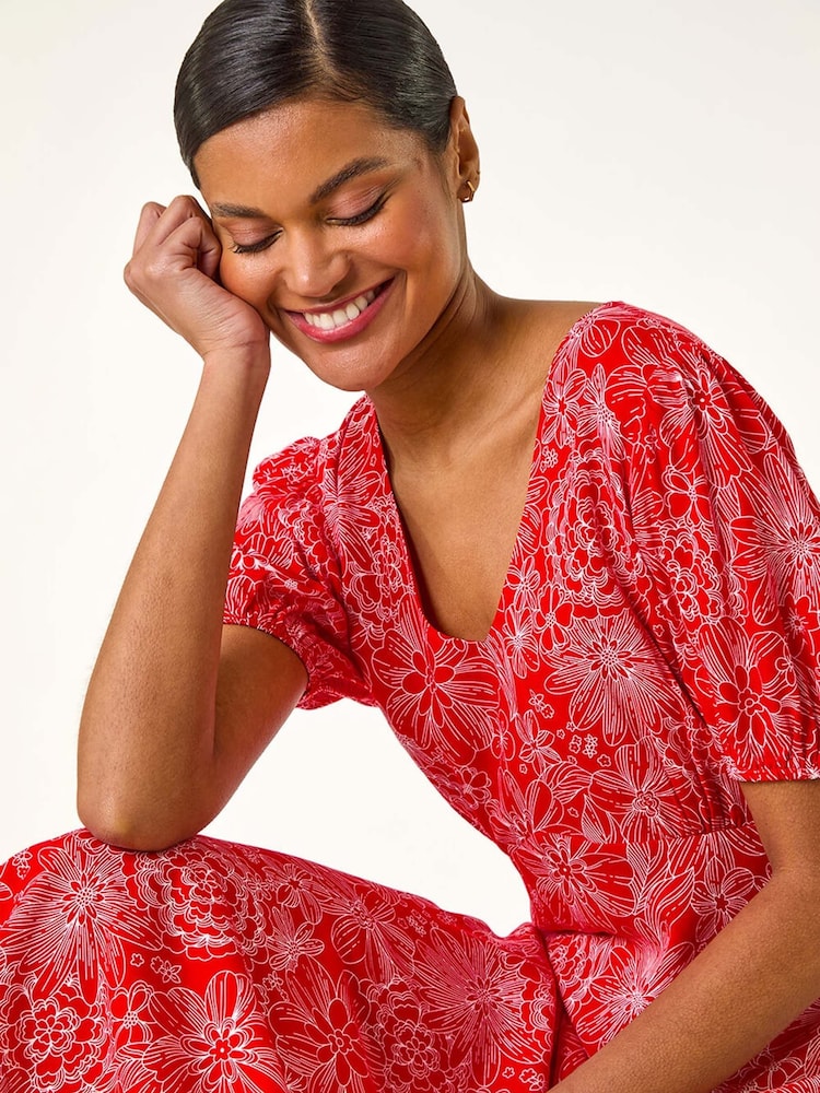 Roman Red Floral Print Midi Tea Dress - Image 2 of 5
