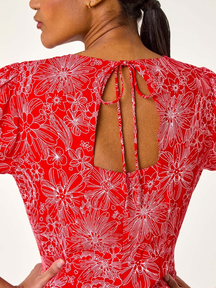 Roman Red Floral Print Midi Tea Dress - Image 5 of 5