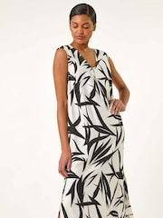 Roman Black Leaf Print Zip Detail Midi Dress - Image 1 of 5