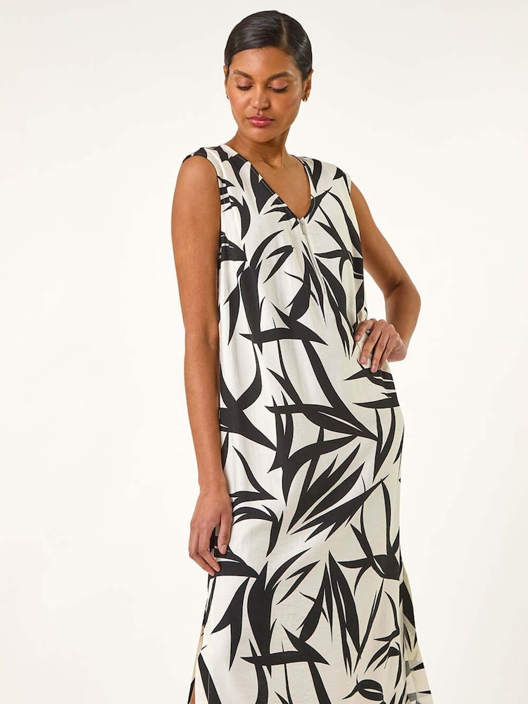 Roman Black Leaf Print Zip Detail Midi Dress - Image 1 of 5