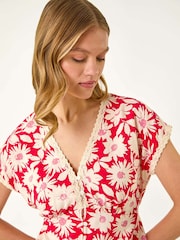 Roman Red Floral Print Lace Trim Top - Image 1 of 5