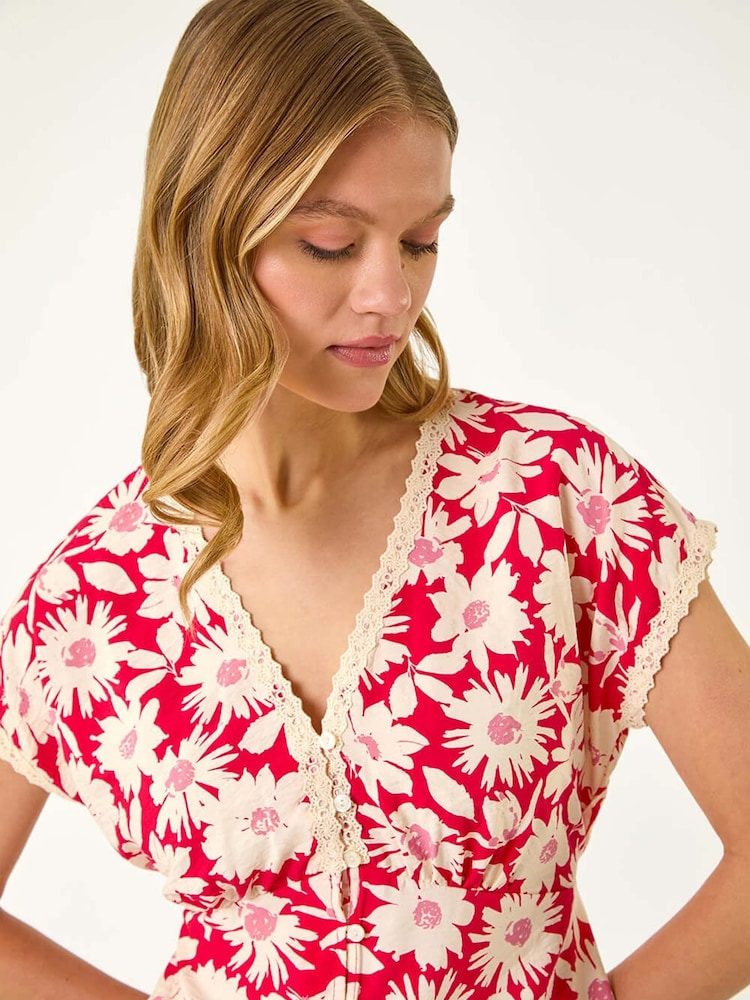 Roman Red Floral Print Lace Trim Top - Image 1 of 5