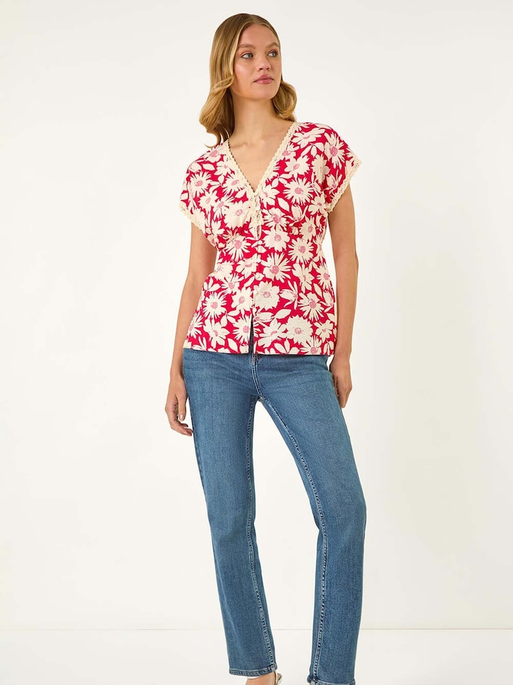 Roman Red Floral Print Lace Trim Top - Image 2 of 5
