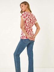 Roman Red Floral Print Lace Trim Top - Image 3 of 5