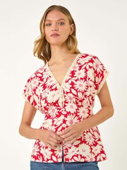 Roman Red Floral Print Lace Trim Top - Image 4 of 5