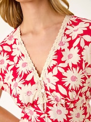 Roman Red Floral Print Lace Trim Top - Image 5 of 5
