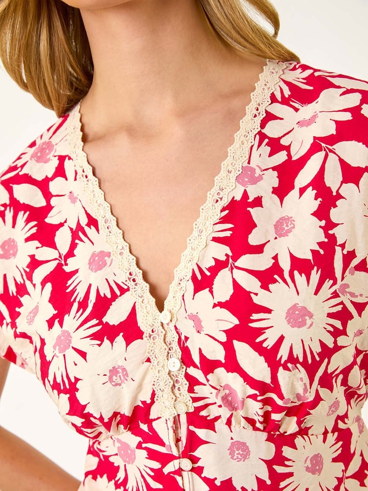 Roman Red Floral Print Lace Trim Top - Image 5 of 5
