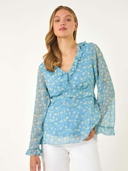 Roman Blue Ditsy Floral Print Frilled Blouse - Image 1 of 5