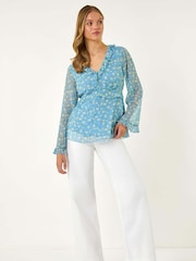 Roman Blue Ditsy Floral Print Frilled Blouse - Image 2 of 5