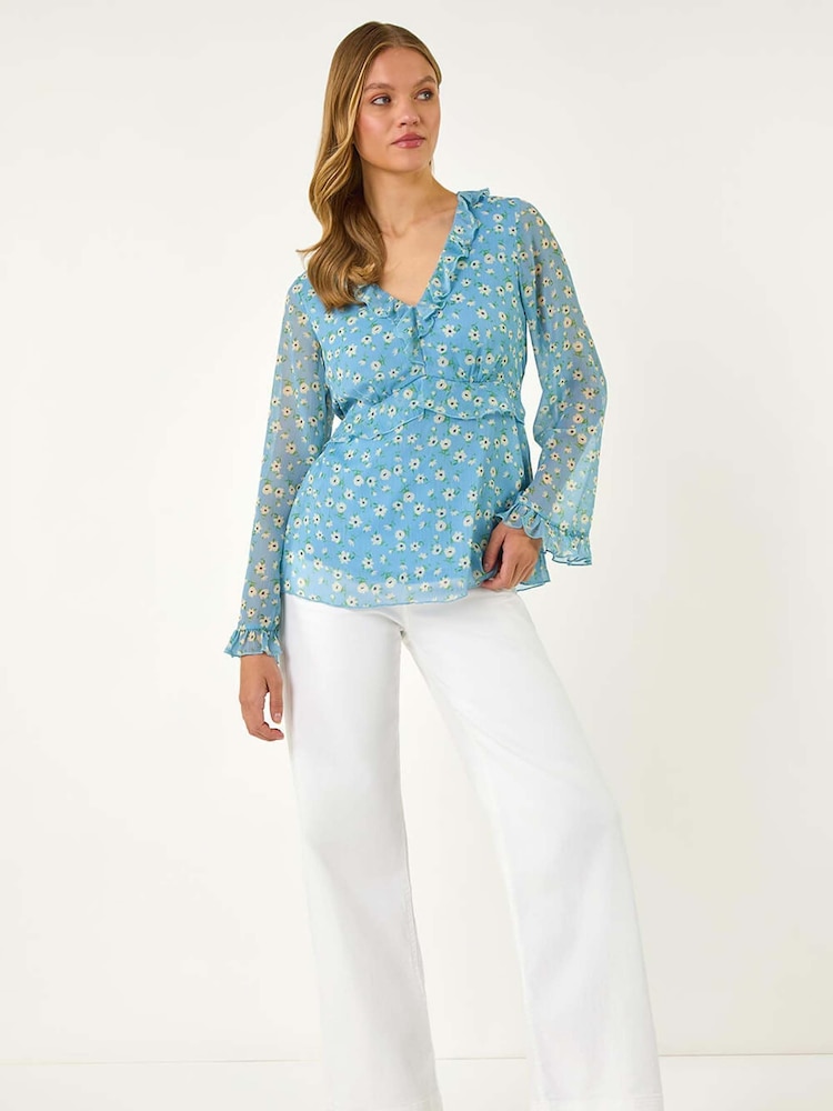 Roman Blue Ditsy Floral Print Frilled Blouse - Image 2 of 5