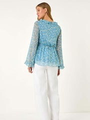 Roman Blue Ditsy Floral Print Frilled Blouse - Image 3 of 5