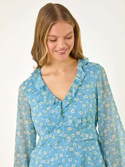 Roman Blue Ditsy Floral Print Frilled Blouse - Image 4 of 5