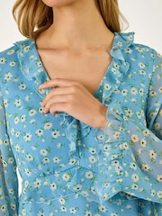 Roman Blue Ditsy Floral Print Frilled Blouse - Image 5 of 5