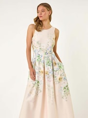 Roman White Floral Print Stretch Midi Dress - Image 4 of 5