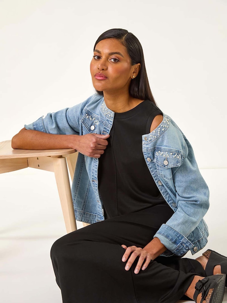 Roman Blue Pearl Detail Collarless Jacket - Image 1 of 5