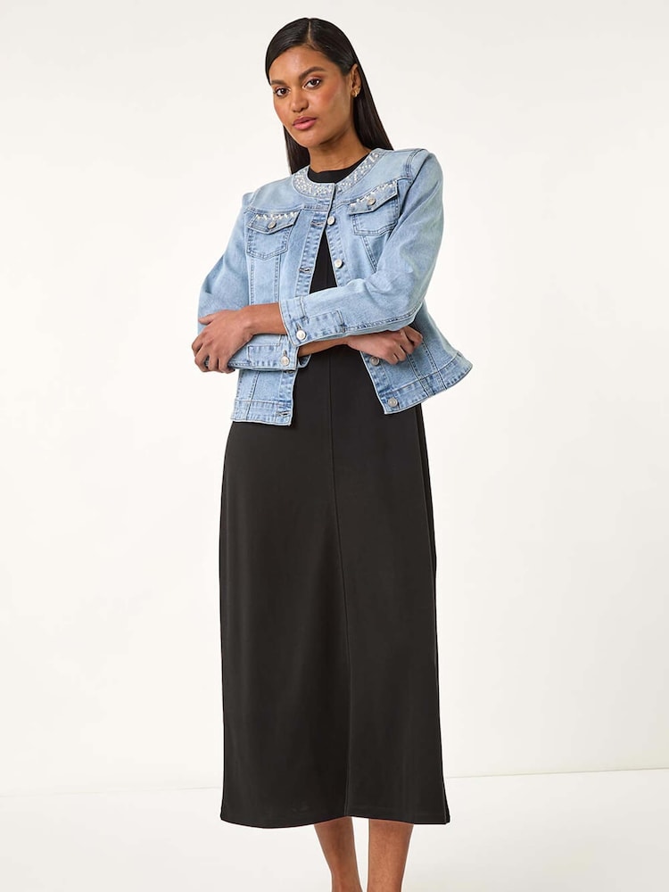 Roman Blue Pearl Detail Collarless Jacket - Image 2 of 5