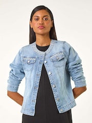 Roman Blue Pearl Detail Collarless Jacket - Image 4 of 5