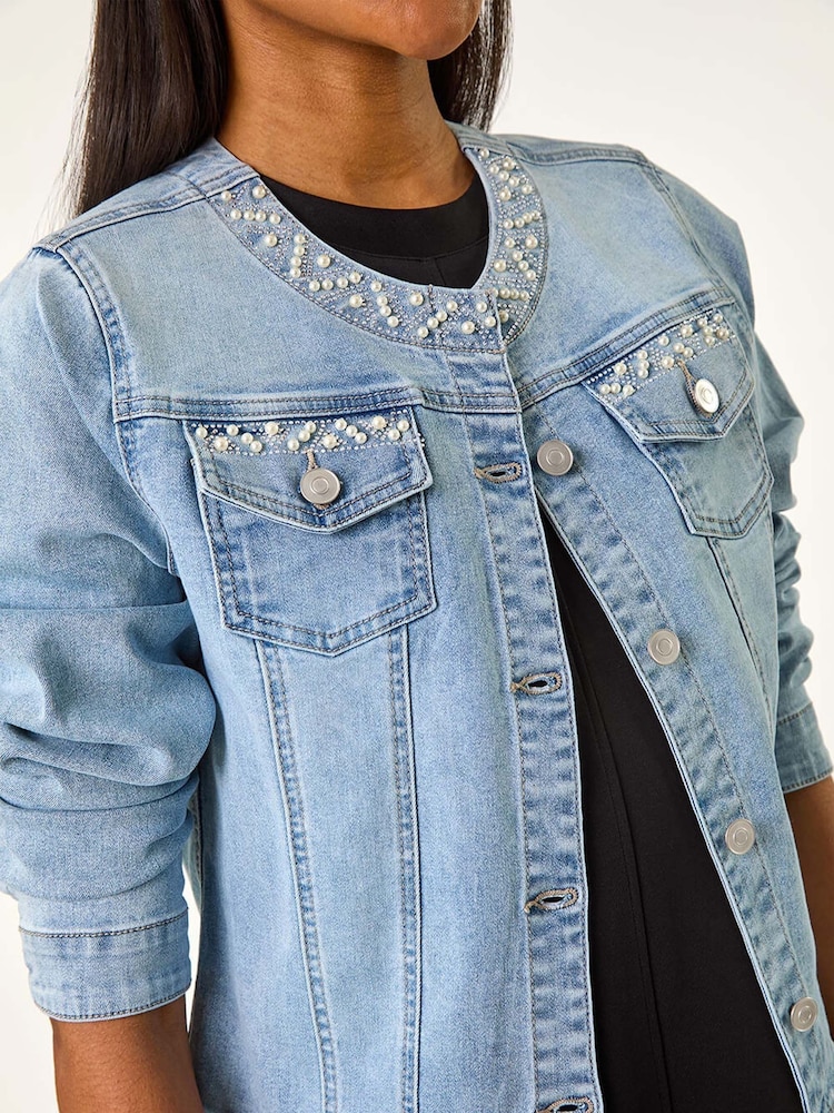 Roman Blue Pearl Detail Collarless Jacket - Image 5 of 5
