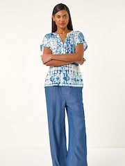 Roman Blue Burnout Print Lace Shoulder Blouse - Image 1 of 5