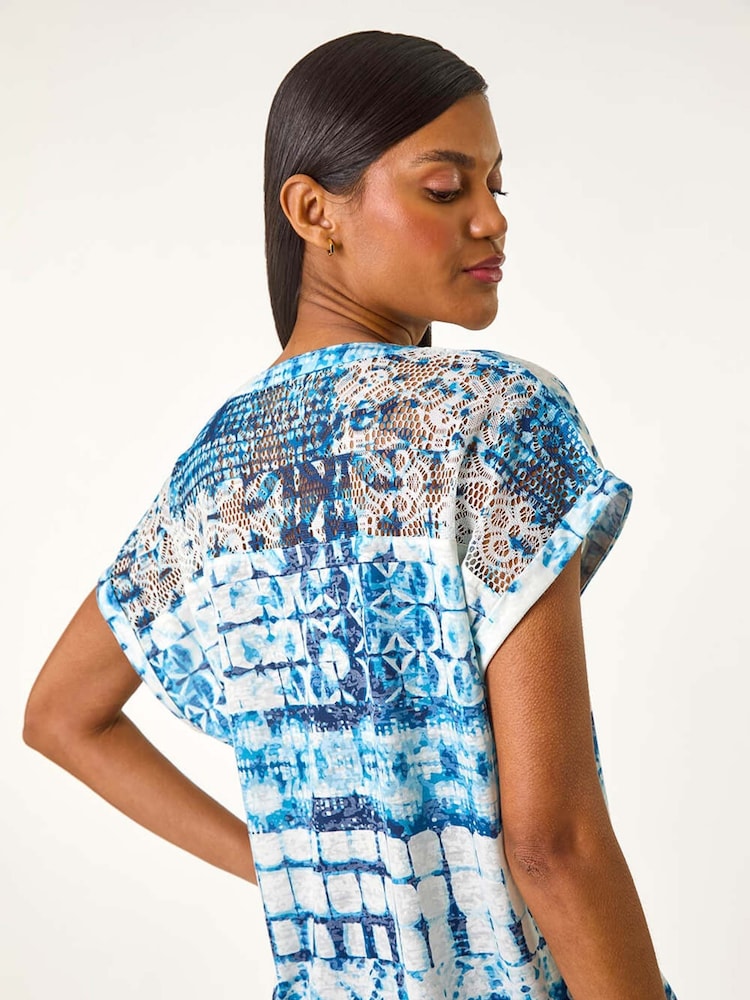 Roman Blue Burnout Print Lace Shoulder Blouse - Image 2 of 5