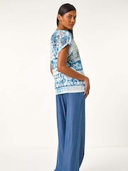 Roman Blue Burnout Print Lace Shoulder Blouse - Image 3 of 5