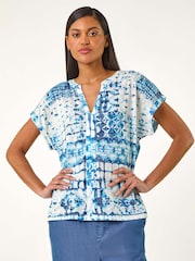 Roman Blue Burnout Print Lace Shoulder Blouse - Image 4 of 5