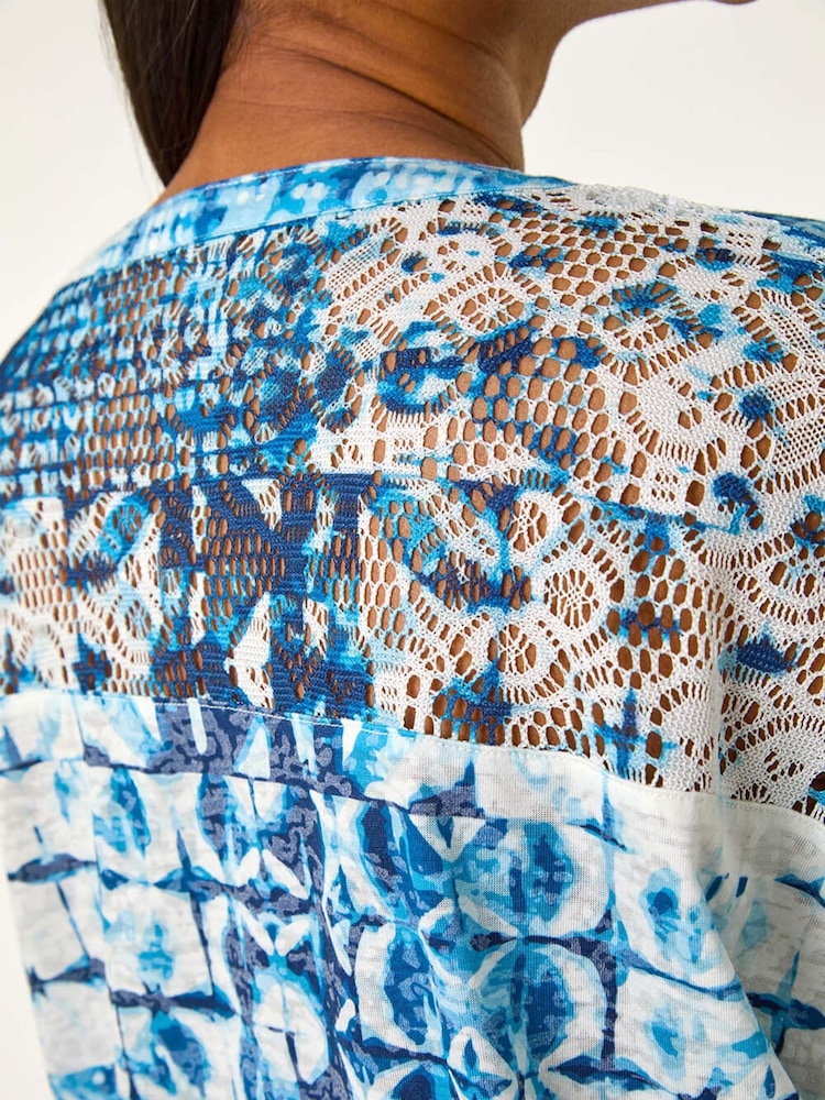 Roman Blue Burnout Print Lace Shoulder Blouse - Image 5 of 5