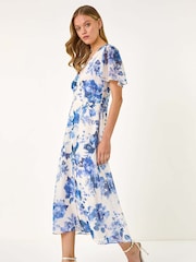 Roman White Floral Print V-Neck Midi Dress - Image 1 of 5