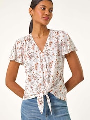Roman White Floral Print Tie Front Blouse - Image 1 of 5