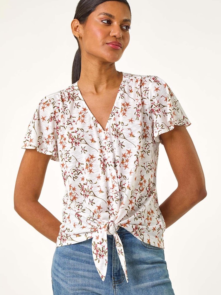 Roman White Floral Print Tie Front Blouse - Image 1 of 5