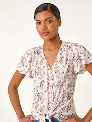 Roman White Floral Print Tie Front Blouse - Image 4 of 5