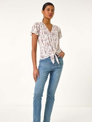 Roman White Floral Print Tie Front Blouse - Image 5 of 5
