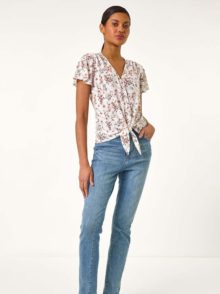 Roman White Floral Print Tie Front Blouse - Image 5 of 5