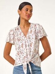 Roman White Floral Print Tie Front Blouse - Image 5 of 5
