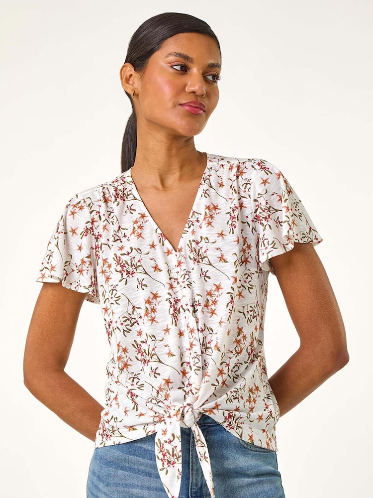 Roman White Floral Print Tie Front Blouse - Image 5 of 5