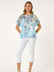 Roman Blue Floral Mesh Overlay T-Shirt - Image 1 of 5