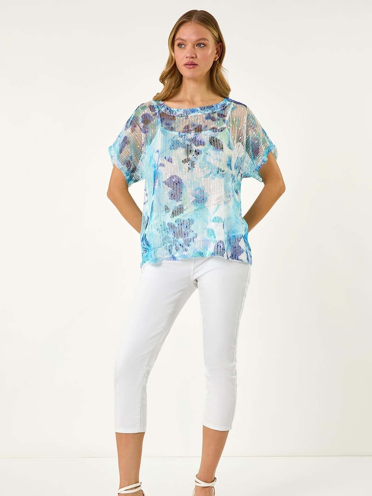 Roman Blue Floral Mesh Overlay T-Shirt - Image 1 of 5